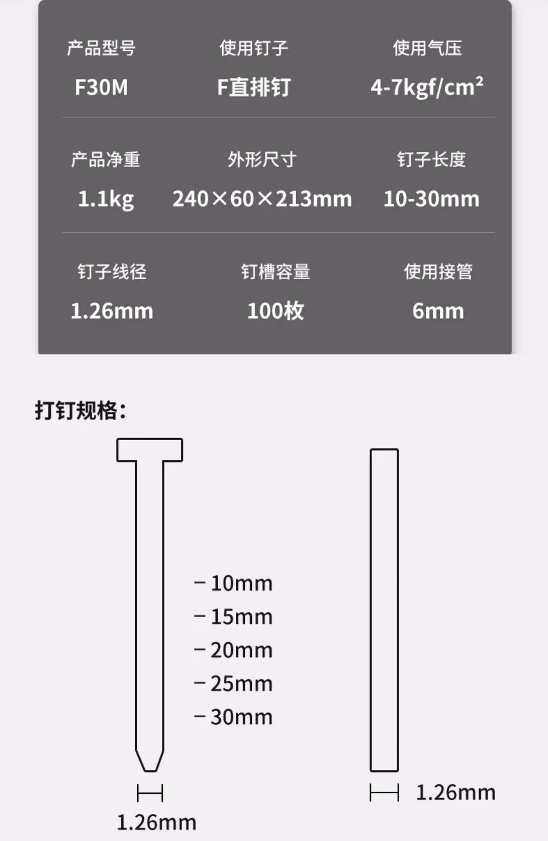 F30M 产品资料3，加长枪嘴、加大气缸的30直钉枪