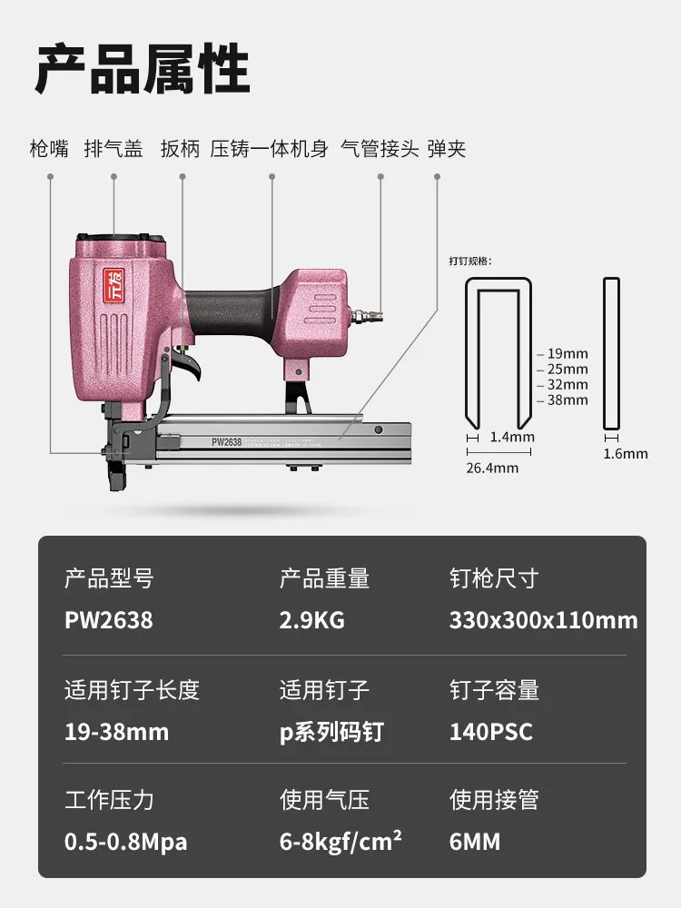 PW2638 产品资料2，宽冠码钉枪，建筑模板拼接神器